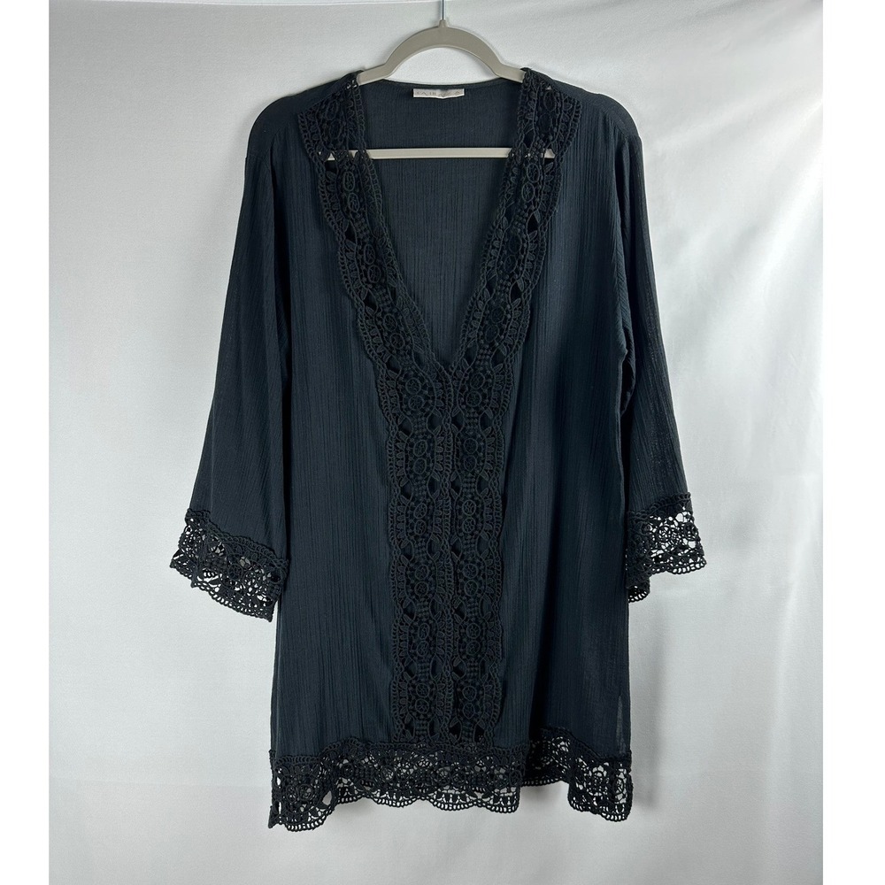 La Blanca Island Fare Swim Cover Up 1X Black Crochet Lace Boho Beach Vacation